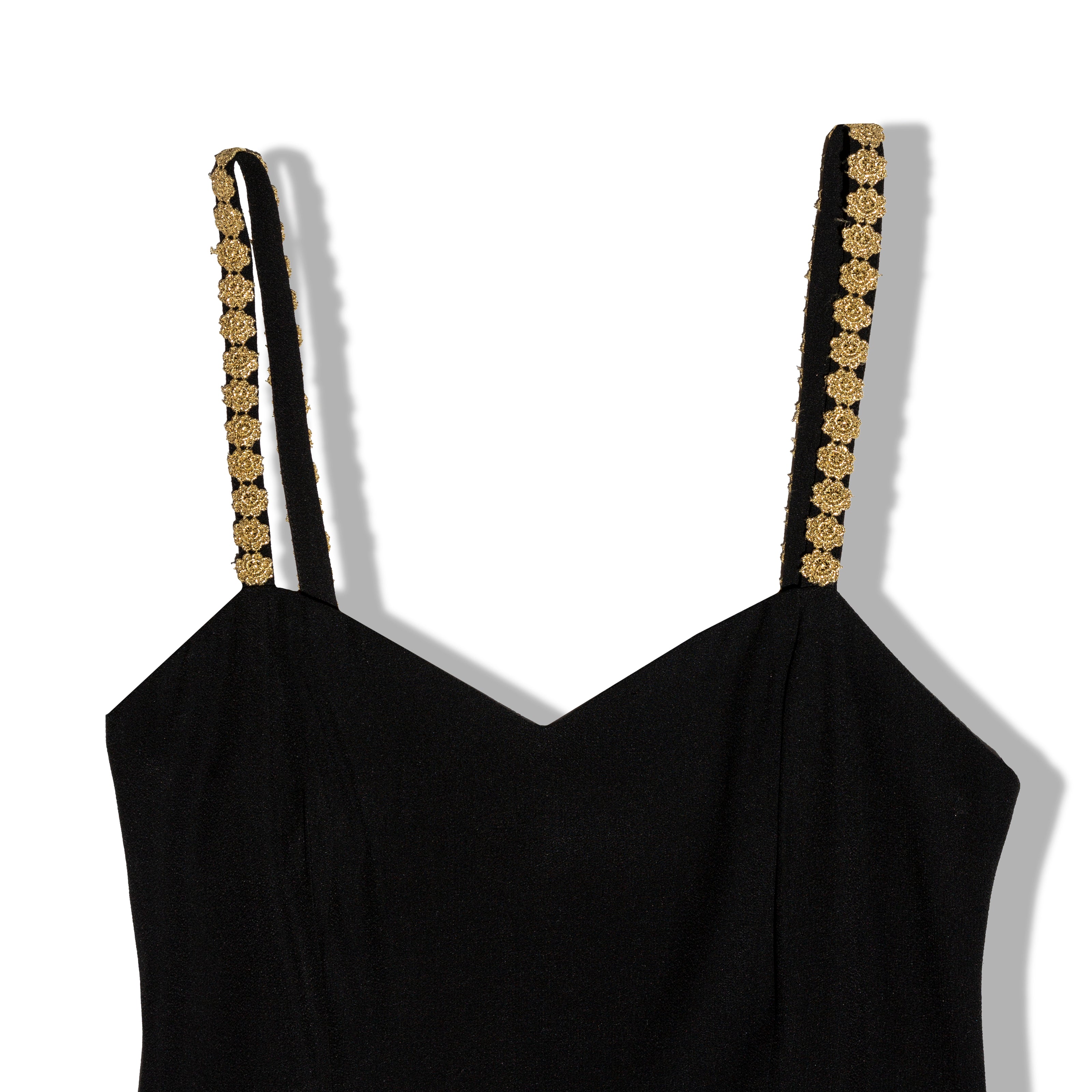 Hot black dress with gold embroidered flowers on the straps (XS)