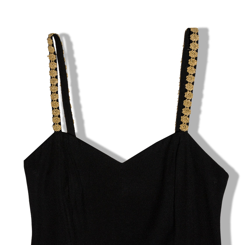Hot black dress with gold embroidered flowers on the straps (XS)