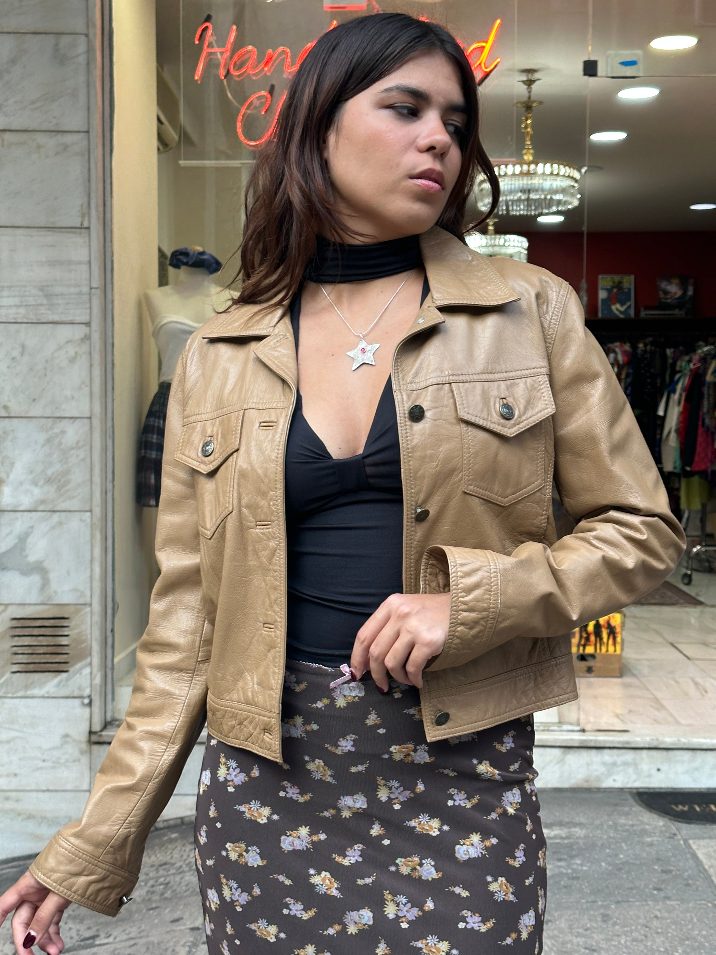 Vintage cropped genuine leather jacket