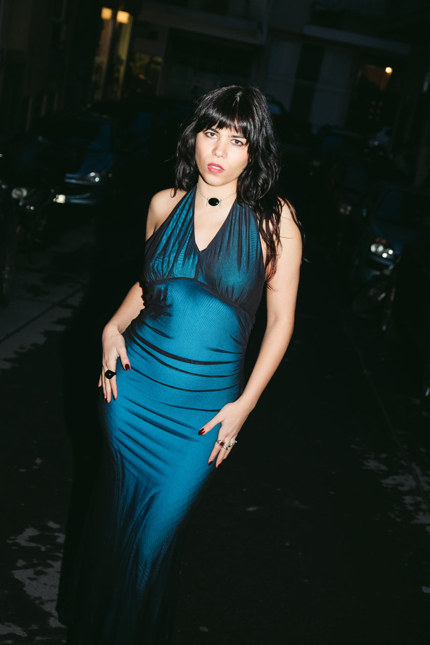 Vintage sleek backless evening gown with halter neckline & mesh overlay (L/XL)