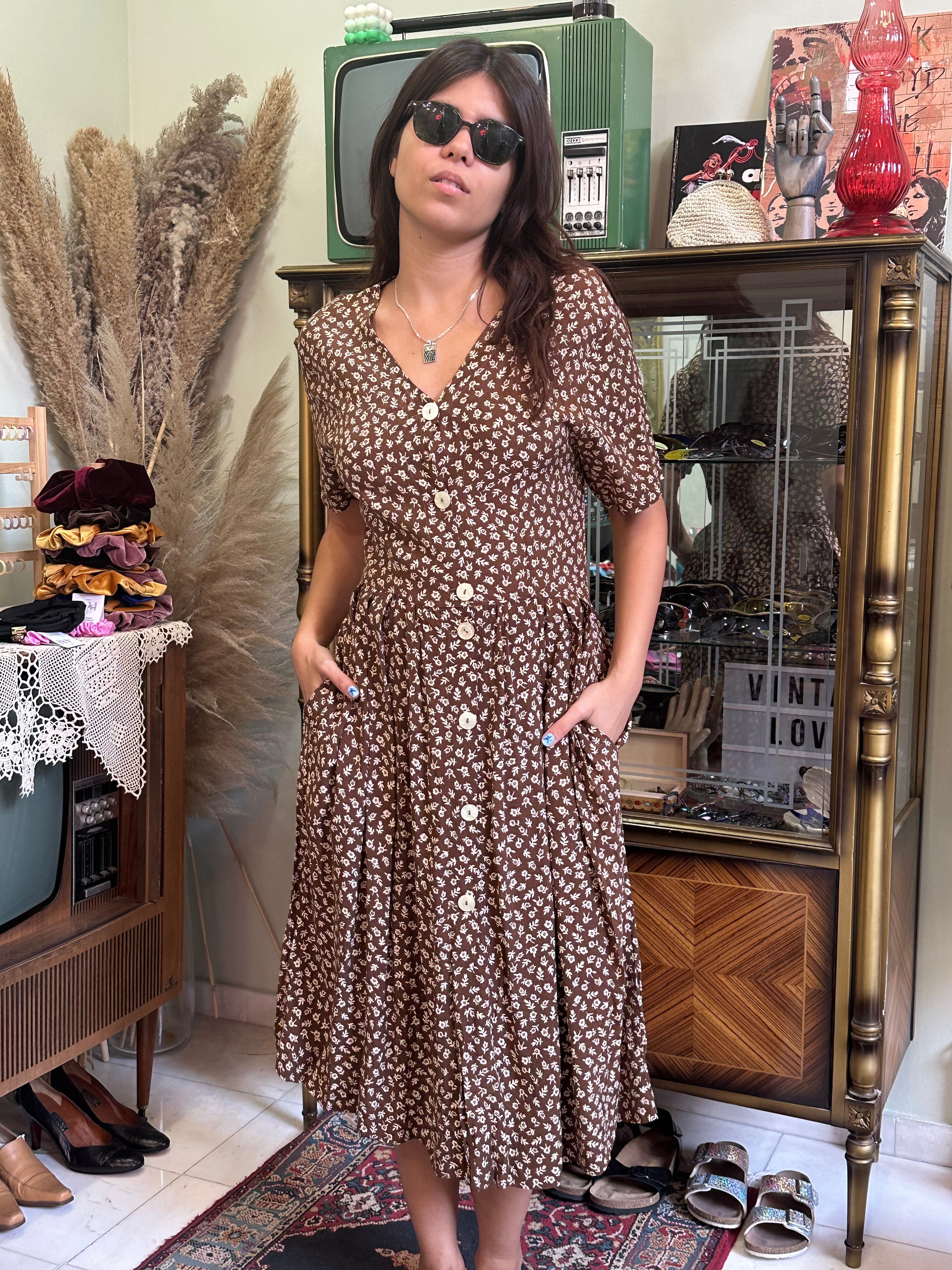 Vintage brown floral button up dress