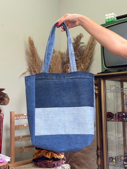 Stunning up-cycled denim patchwork tote bag