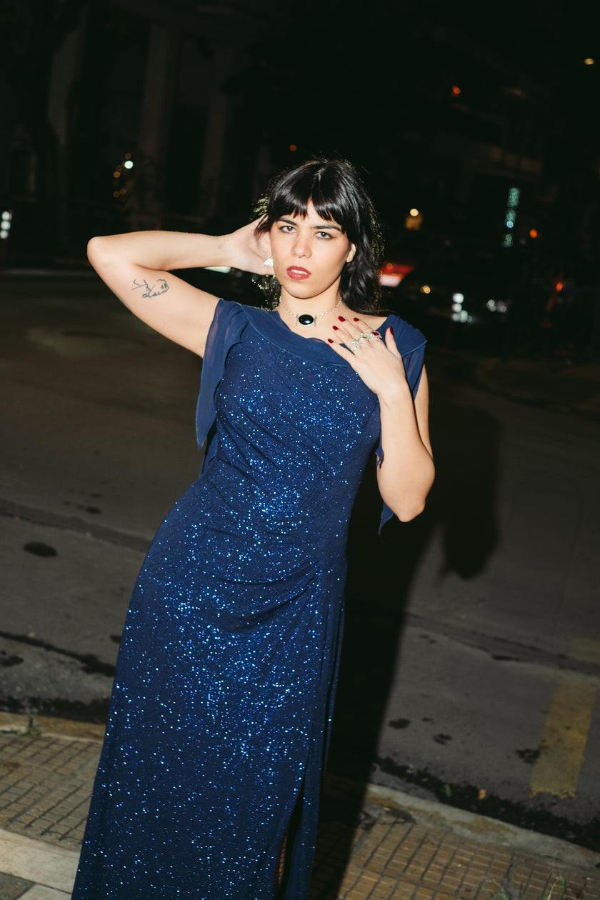 Vintage navy glitter evening gown with sheer shawl sleeves (XL)