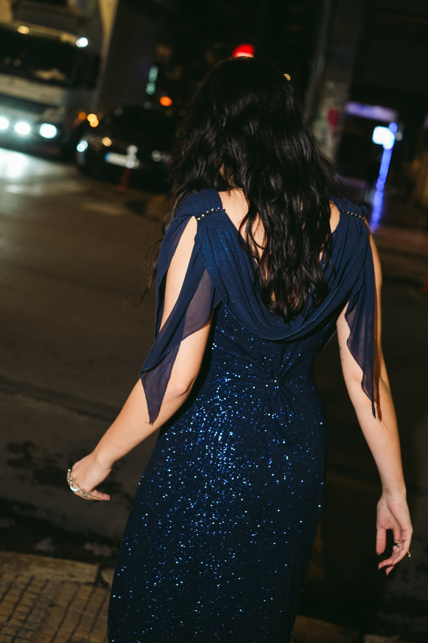Vintage navy glitter evening gown with sheer shawl sleeves (XL)