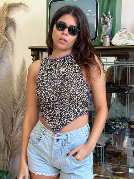 Handmade animal print top with purple stitching