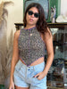 Handmade animal print top with purple stitching