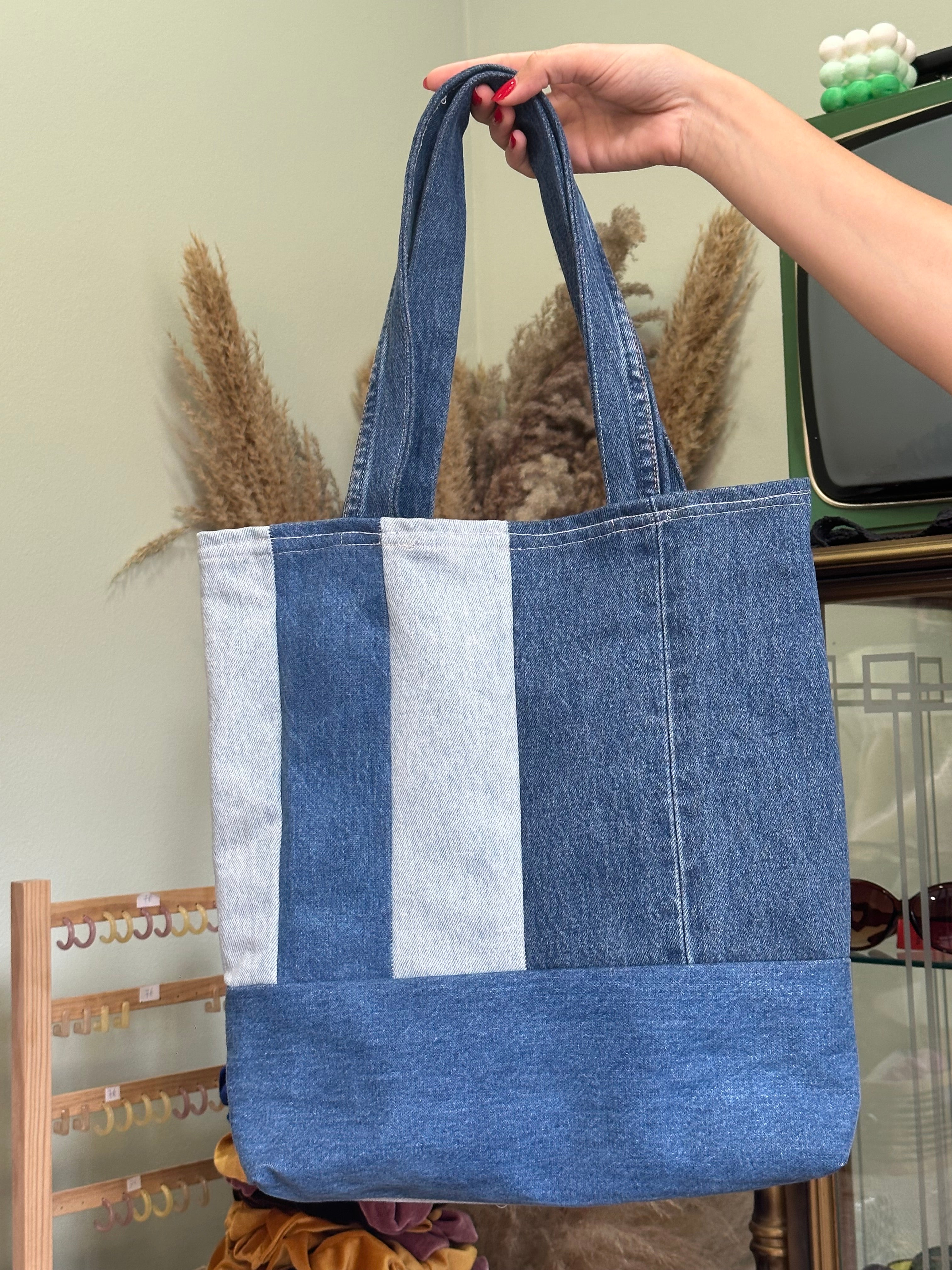 Stunning up-cycled denim patchwork tote bag