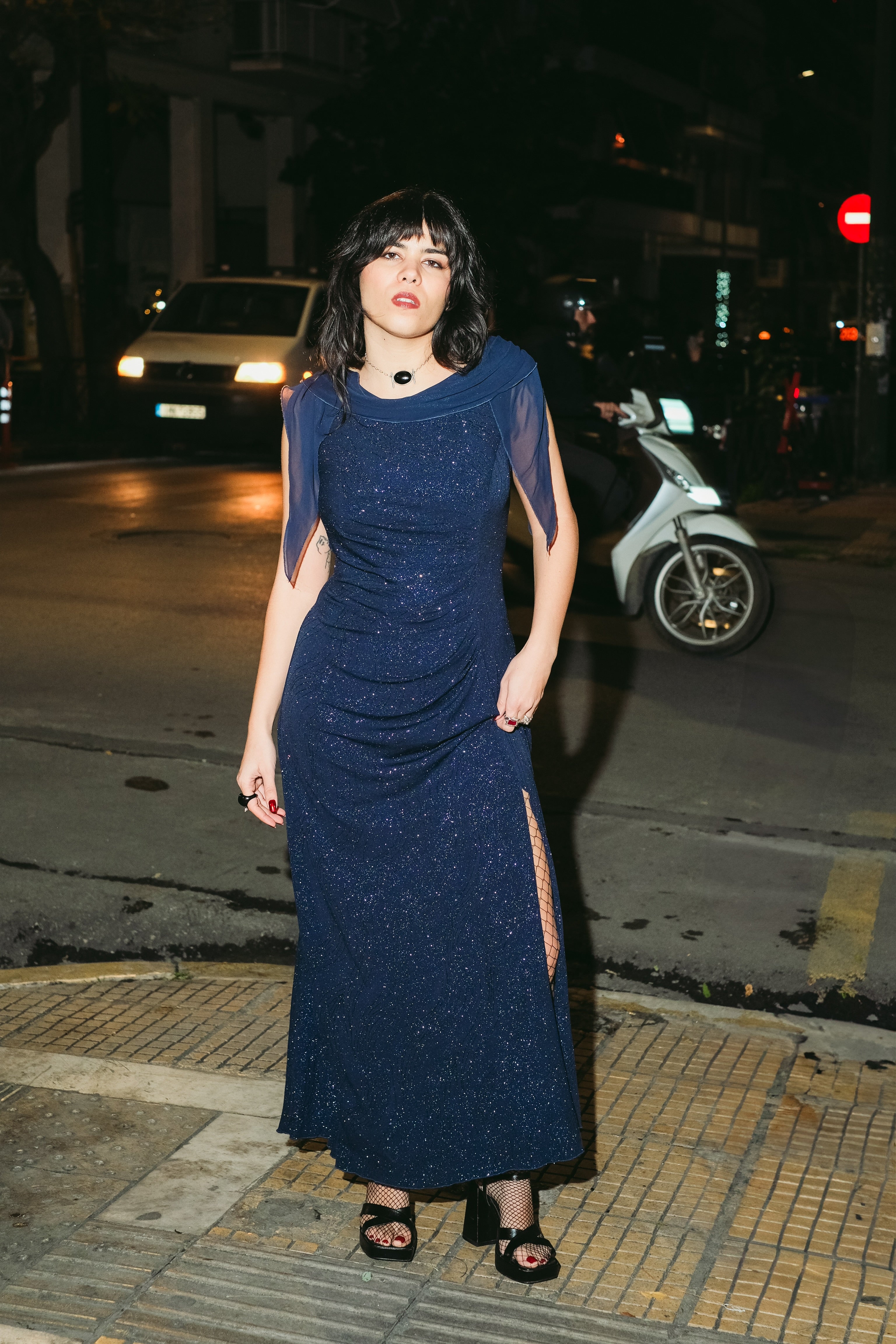 Vintage navy glitter evening gown with sheer shawl sleeves (XL)