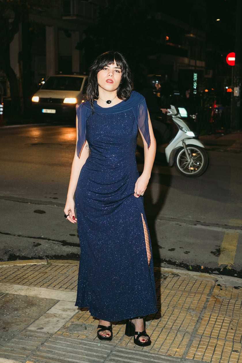 Vintage navy glitter evening gown with sheer shawl sleeves (XL)