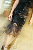 Stunning black beaded & sequin fringe flapper dress (M)