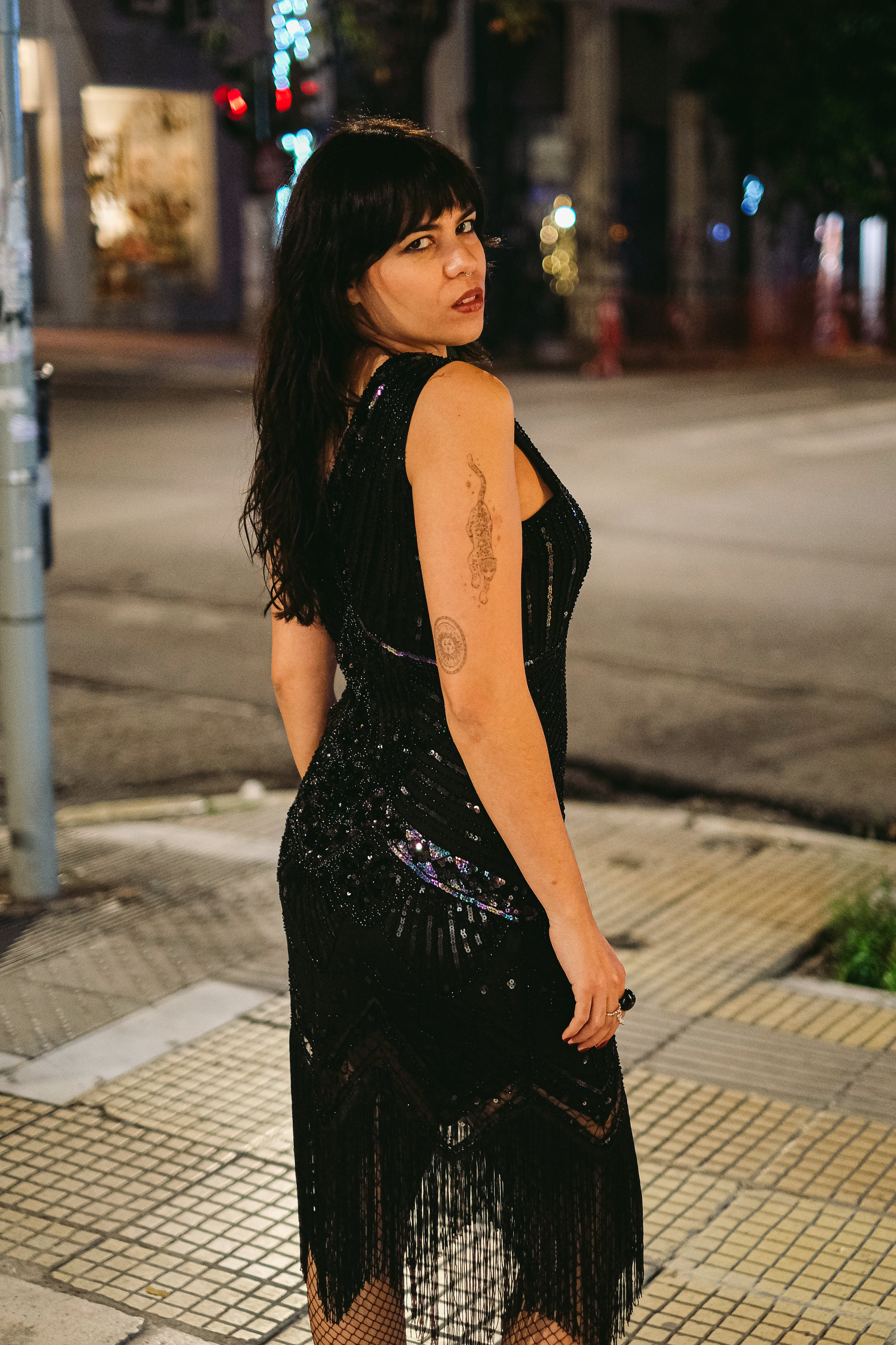 Stunning black beaded & sequin fringe flapper dress (M)