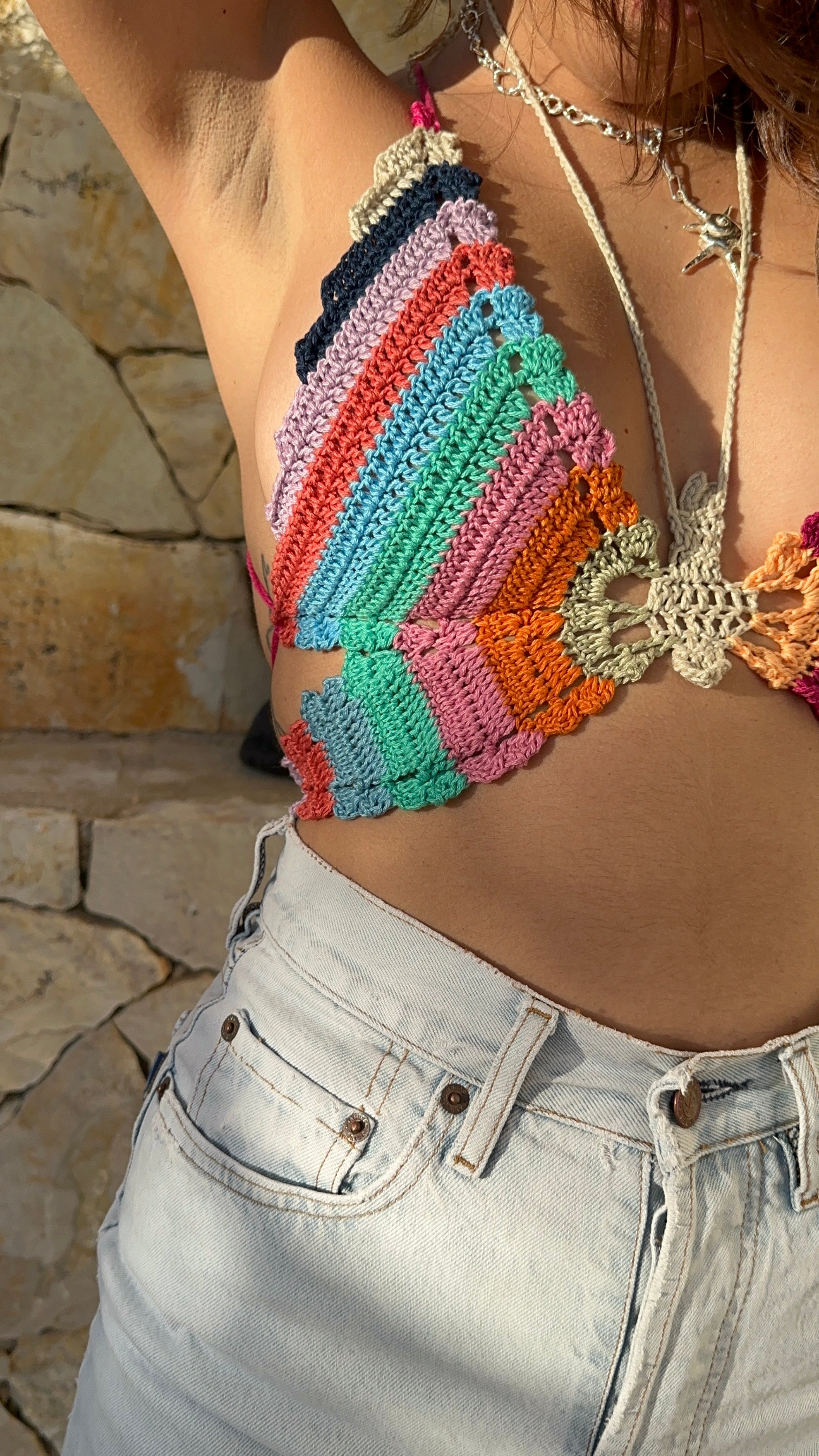 Stunning handmade crochet multicoloured butterfly top