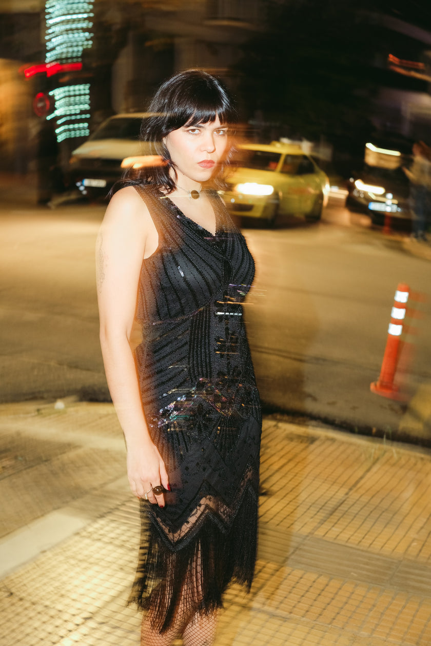 Stunning black beaded & sequin fringe flapper dress (M)