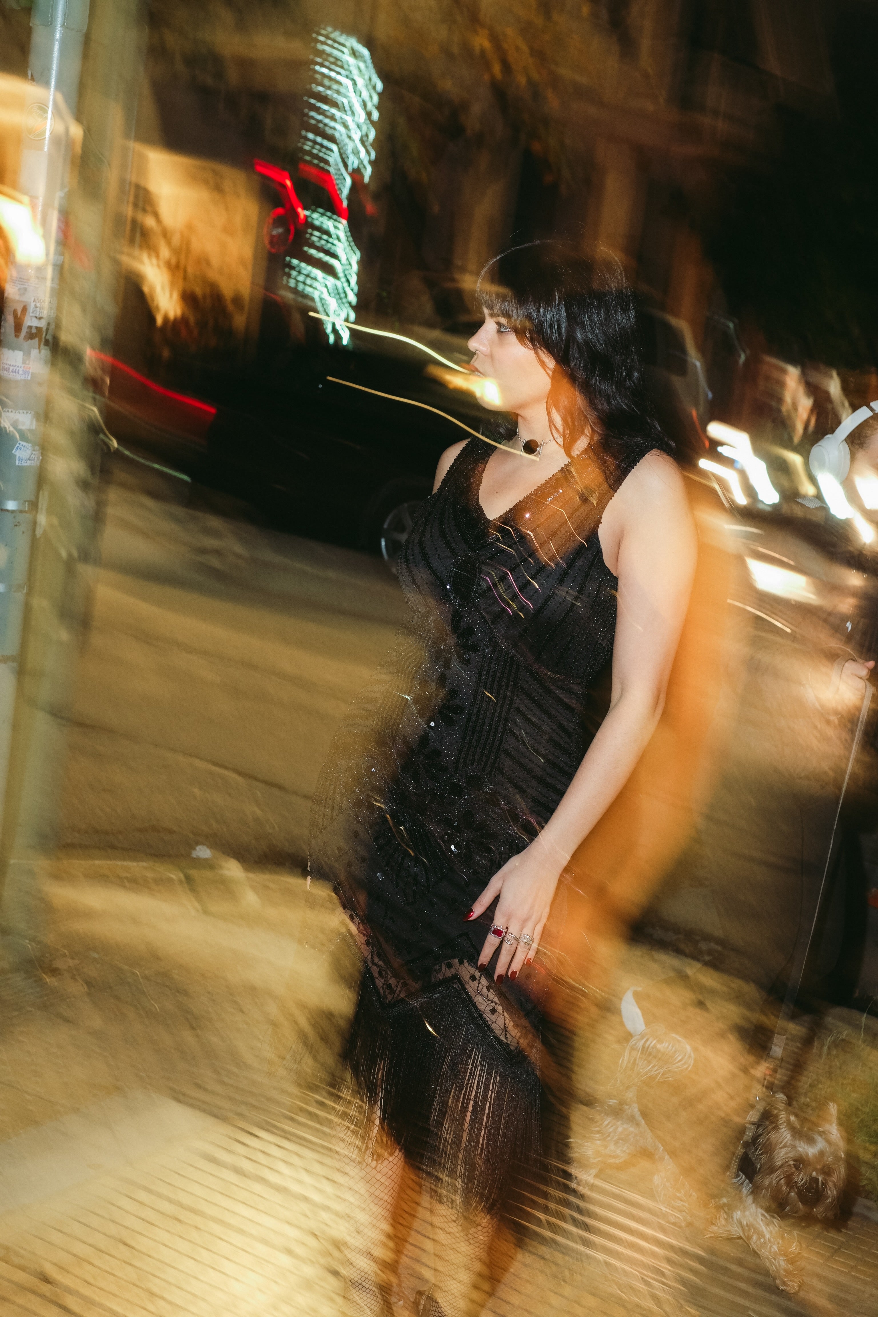 Stunning black beaded & sequin fringe flapper dress (M)