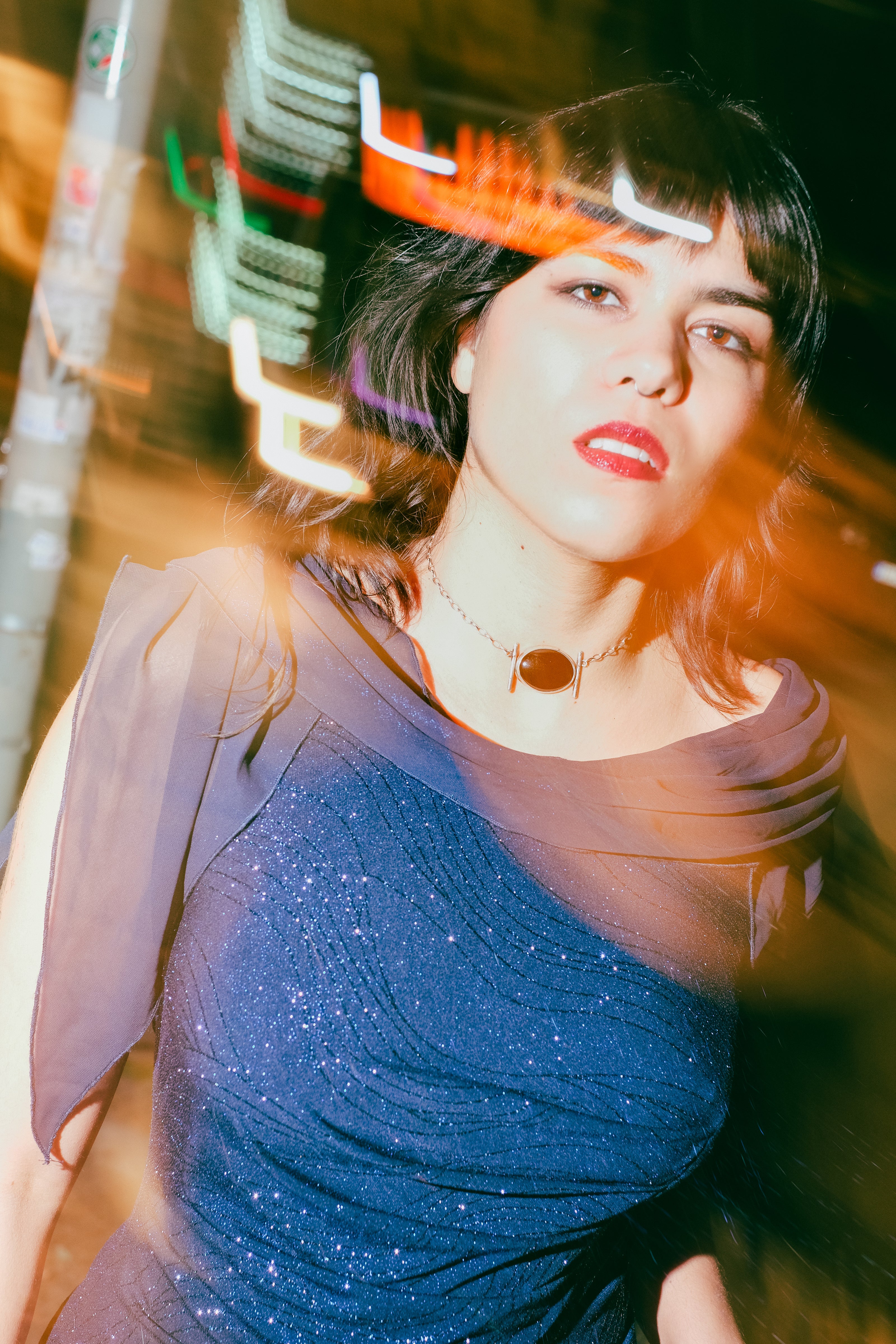 Vintage navy glitter evening gown with sheer shawl sleeves (XL)