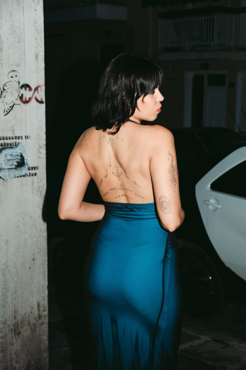 Vintage sleek backless evening gown with halter neckline & mesh overlay (L/XL)