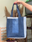 Stunning up-cycled denim patchwork tote bag