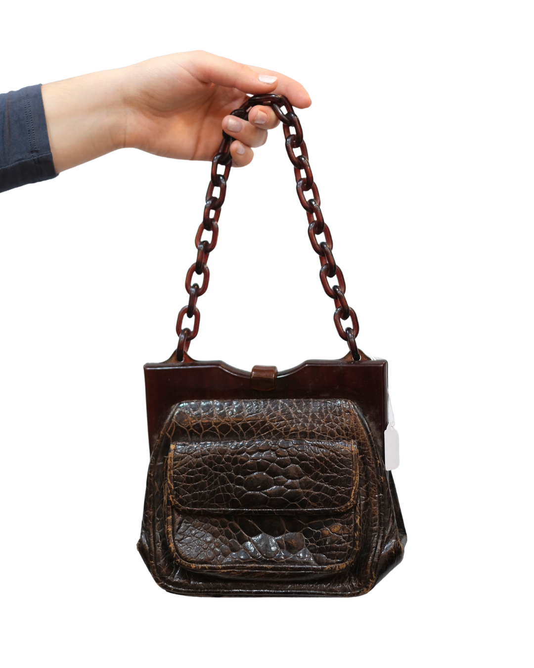 Vintage Croc-Embossed Leather Bag with Tortoiseshell Lucite Chain Handle