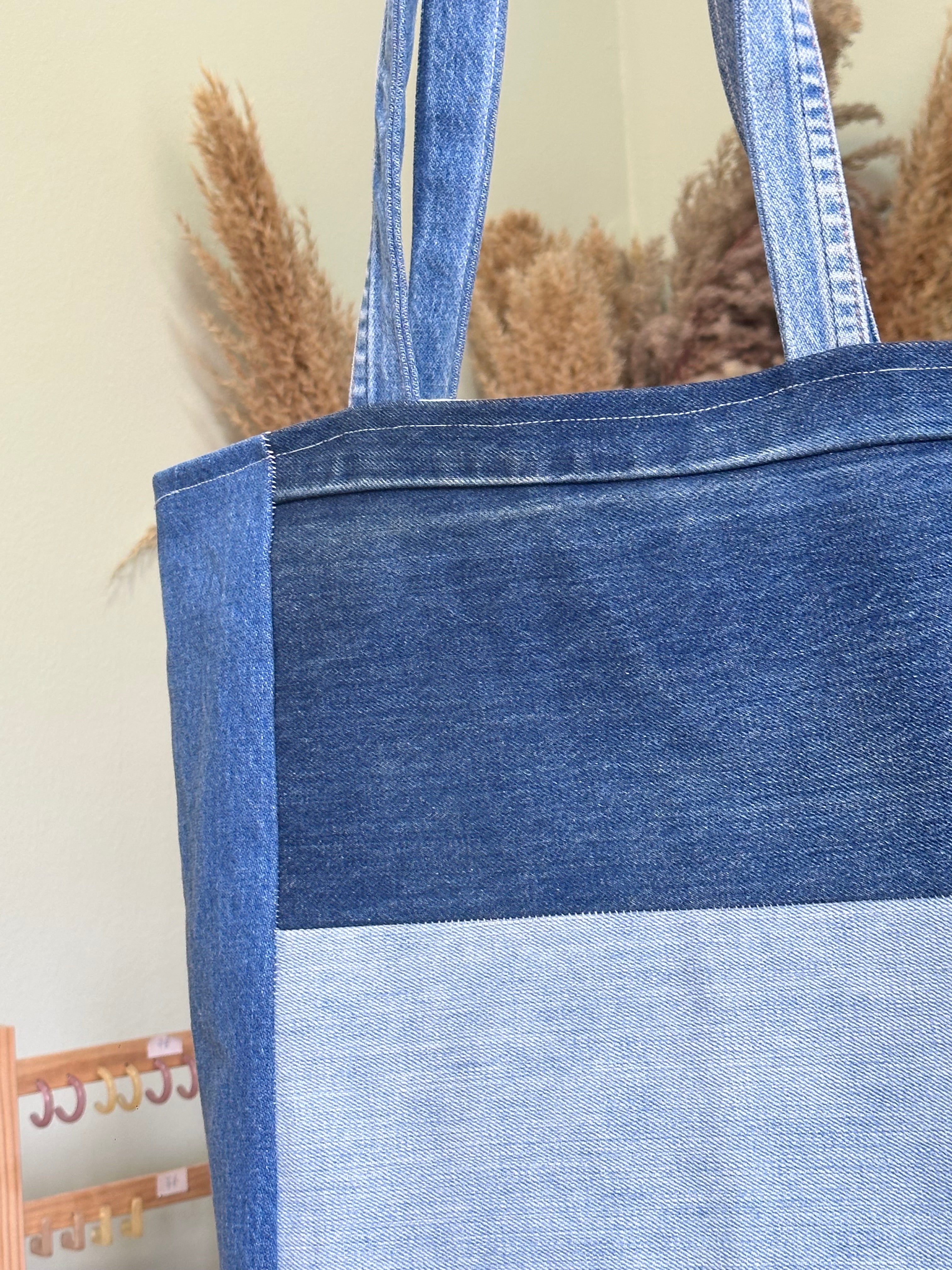 Stunning up-cycled denim patchwork tote bag