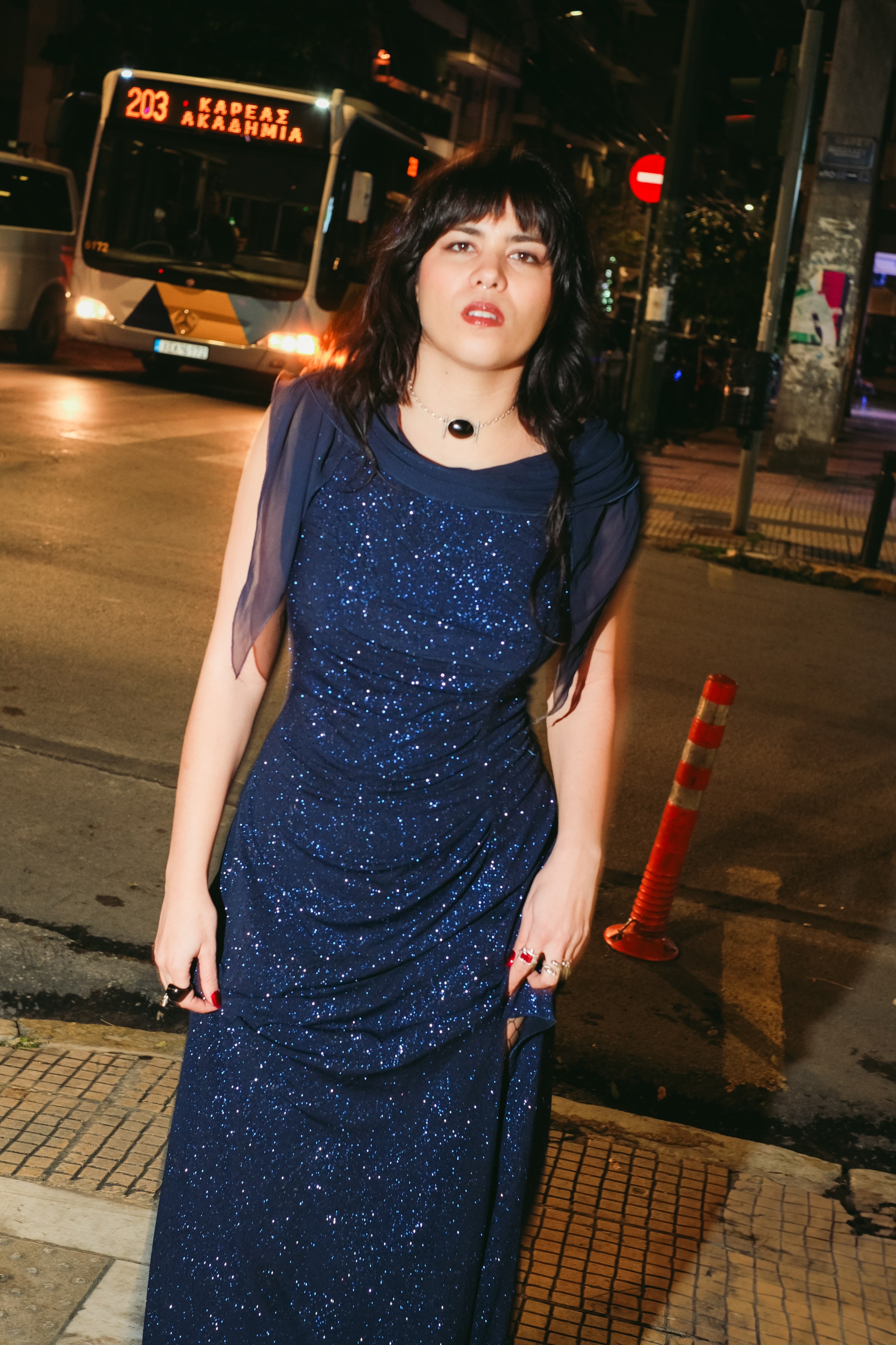 Vintage navy glitter evening gown with sheer shawl sleeves (XL)