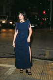 Vintage navy glitter evening gown with sheer shawl sleeves (XL)
