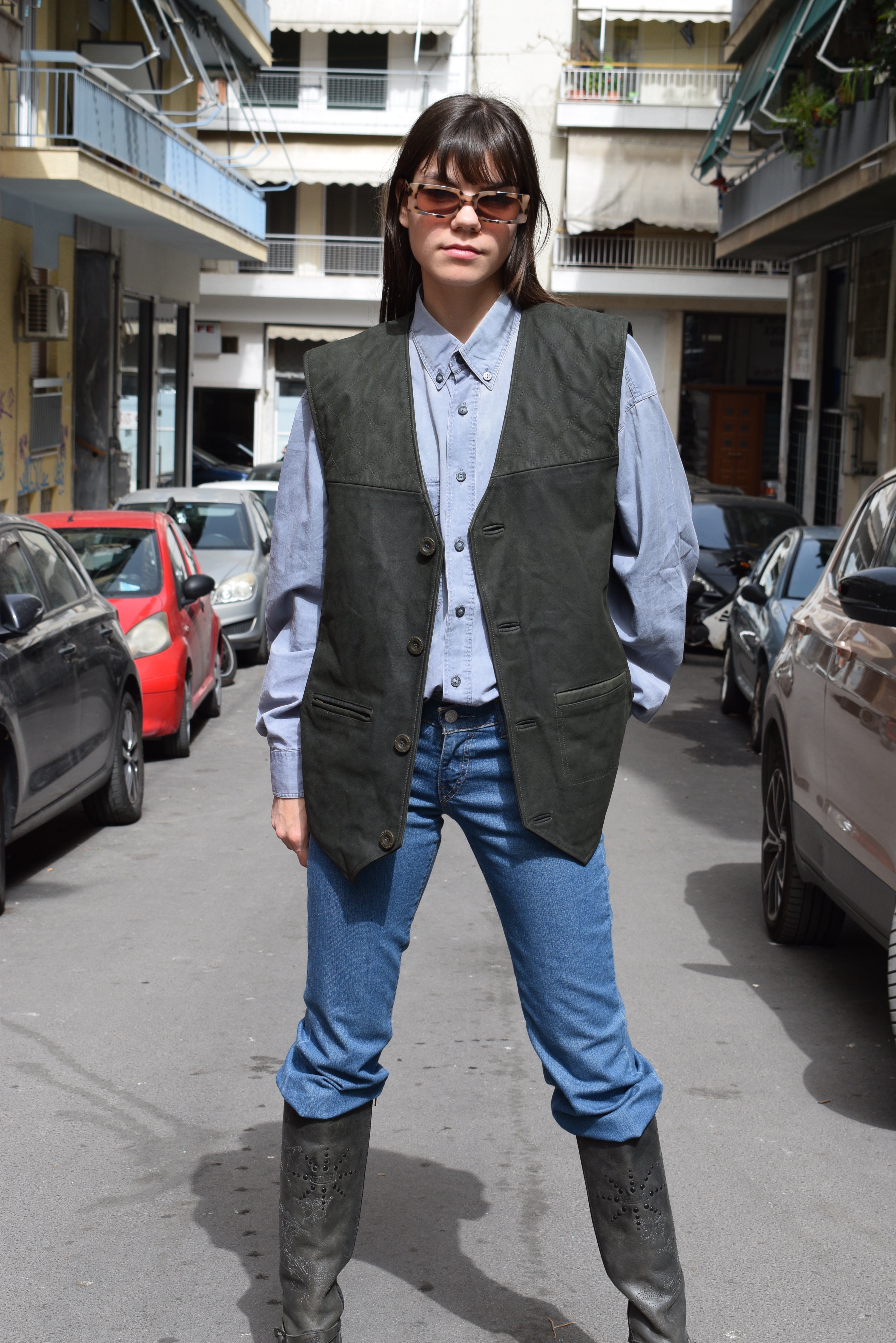 Vintage dark green leather vest