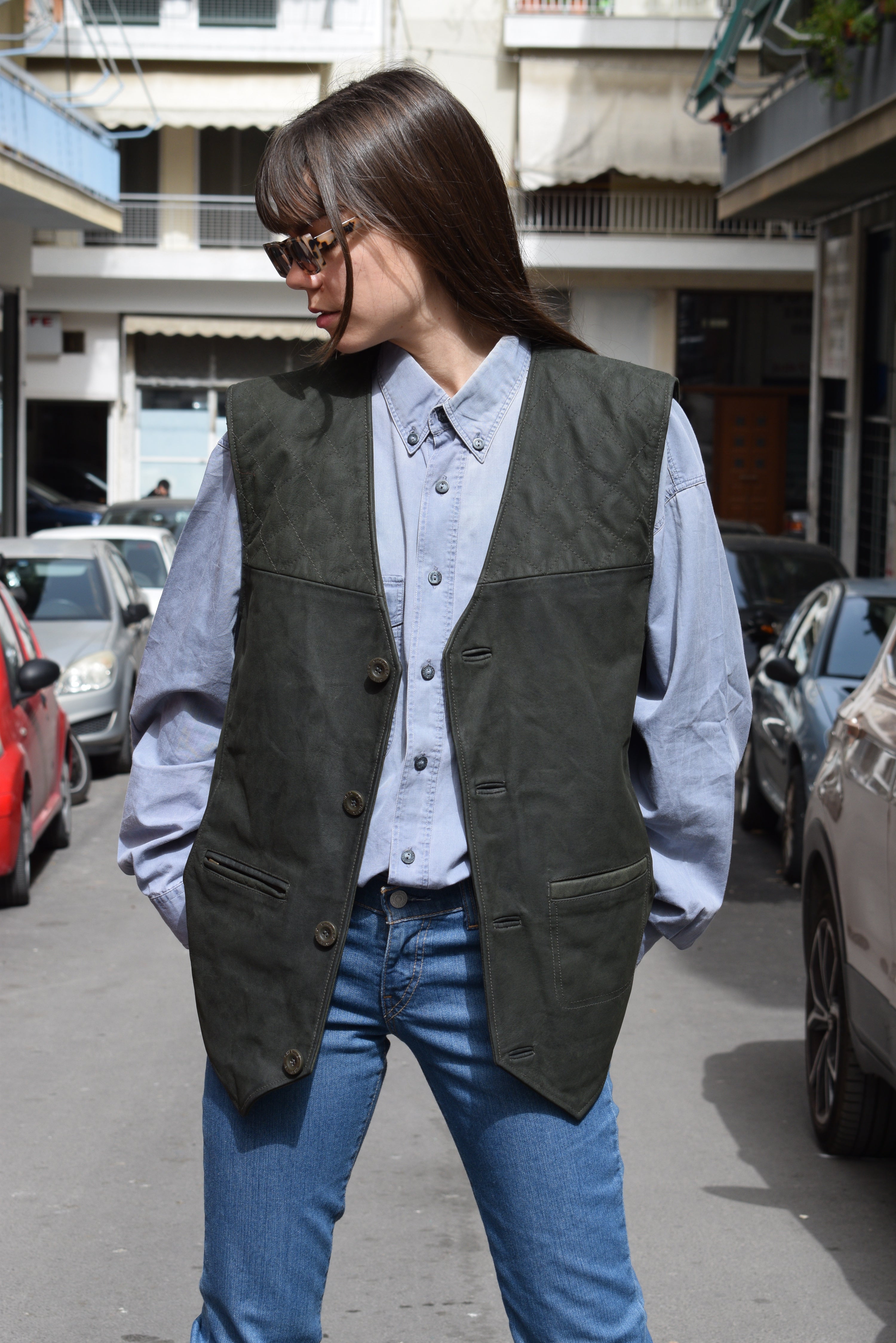 Vintage dark green leather vest