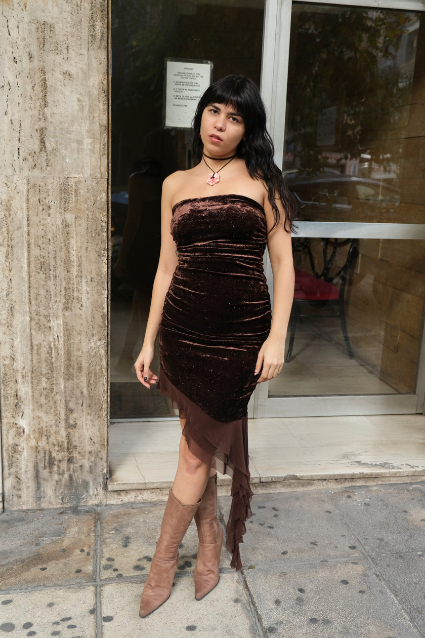 Stunning sparkly velvet strapless deep chokolate brown dress (S/L)