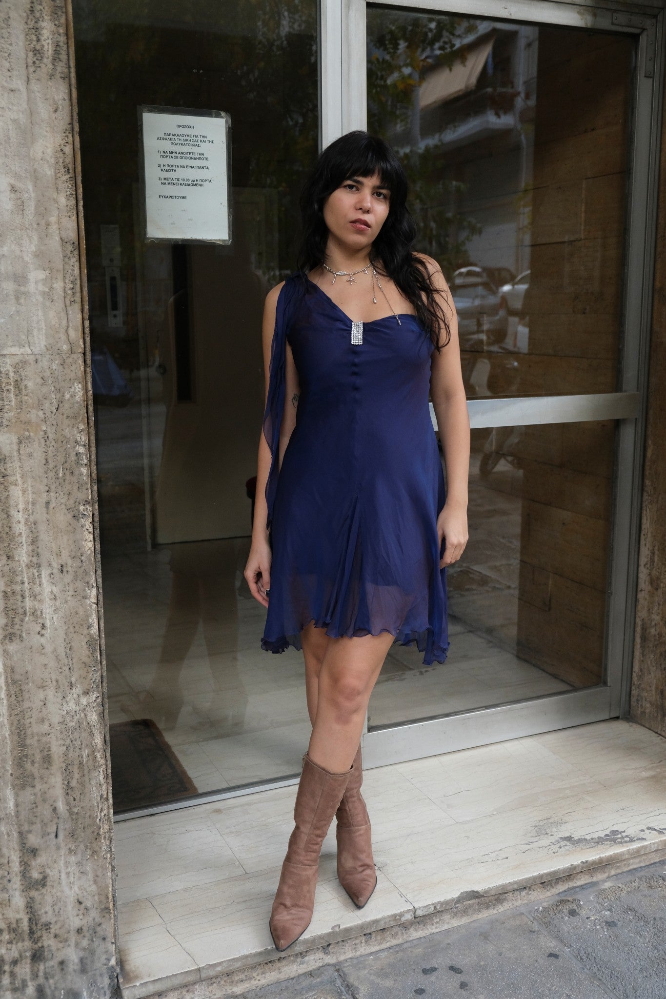 Vintage 90s/00s Navy Asymmetrical Chiffon Mini Dress (S)