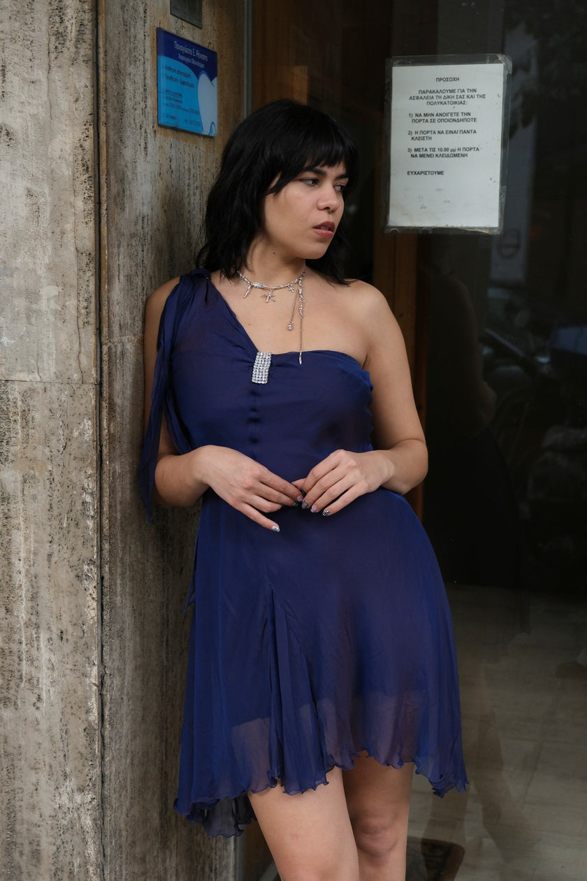 Vintage 90s/00s Navy Asymmetrical Chiffon Mini Dress (S)