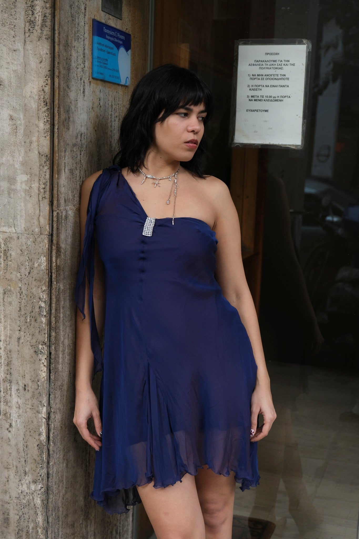 Vintage 90s/00s Navy Asymmetrical Chiffon Mini Dress (S)