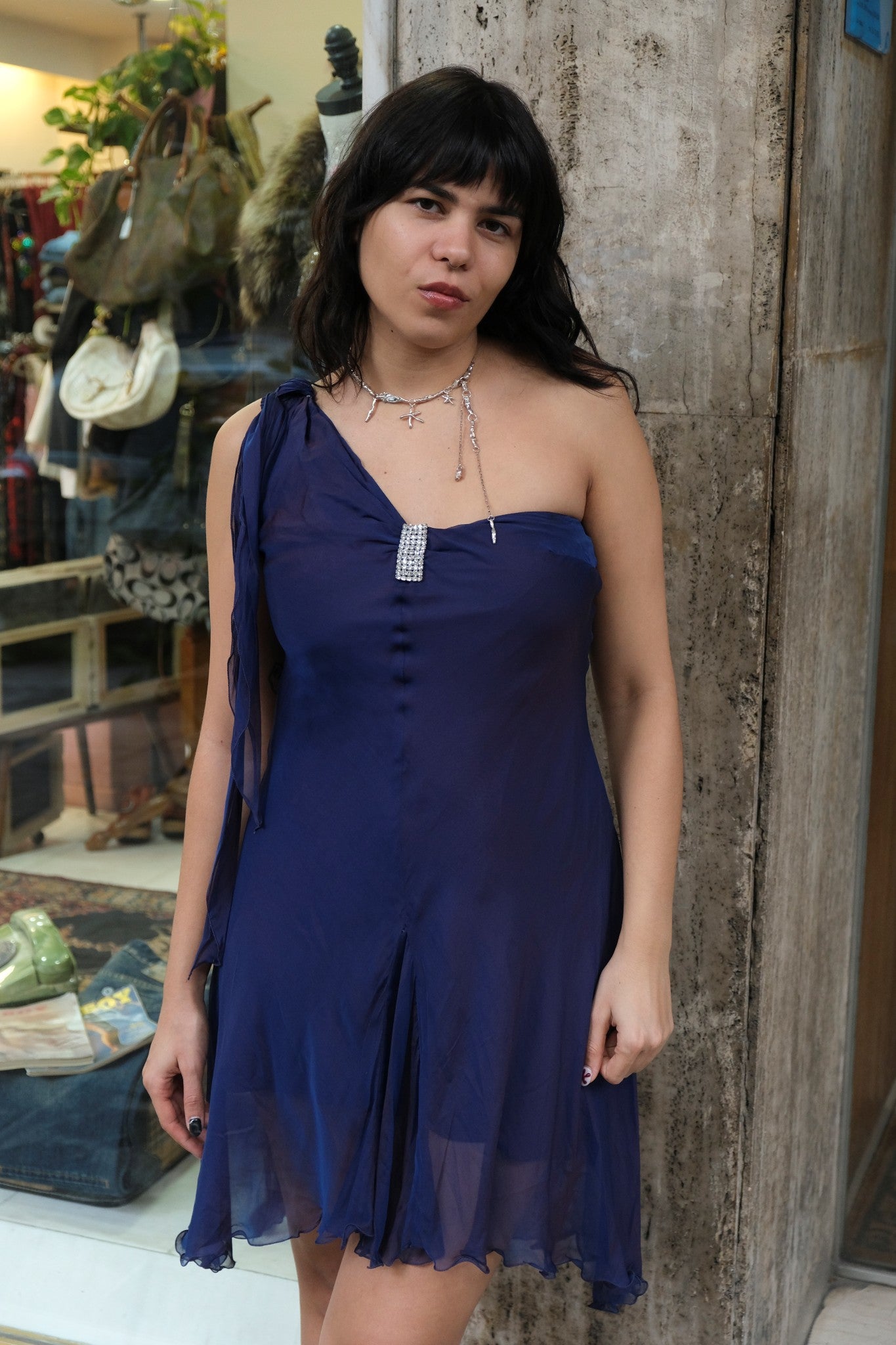 Vintage 90s/00s Navy Asymmetrical Chiffon Mini Dress (S)