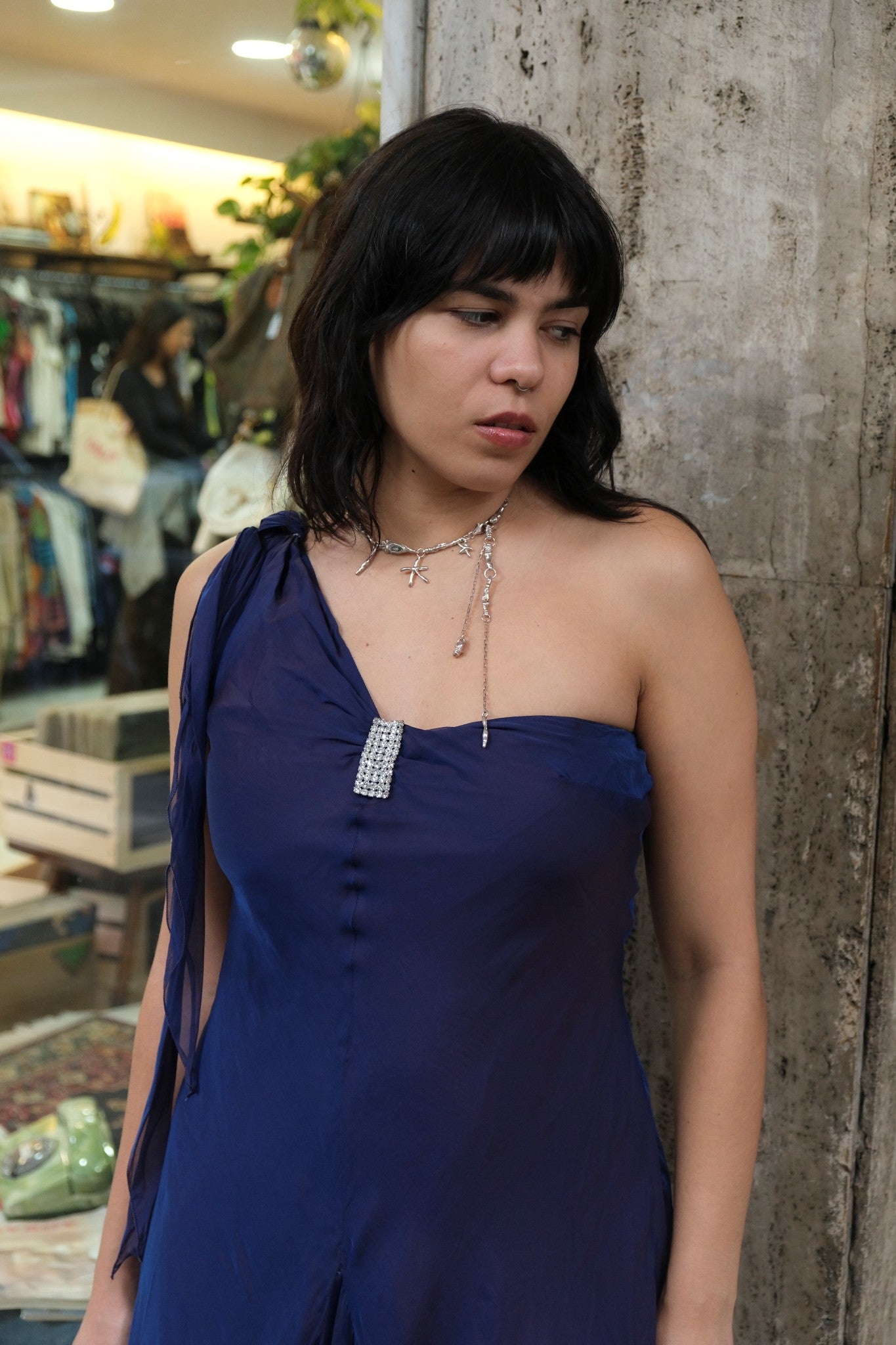 Vintage 90s/00s Navy Asymmetrical Chiffon Mini Dress (S)