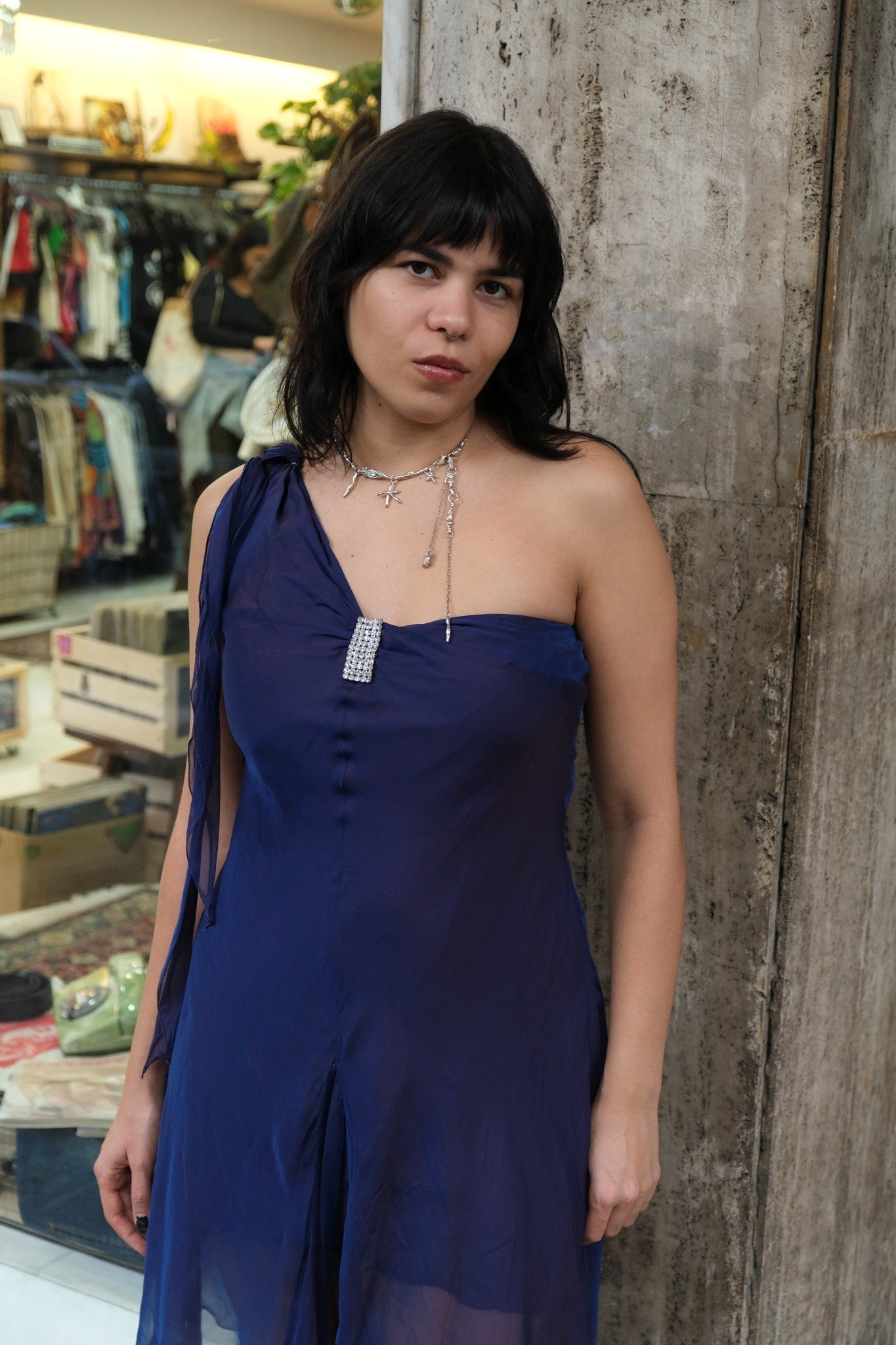 Vintage 90s/00s Navy Asymmetrical Chiffon Mini Dress (S)