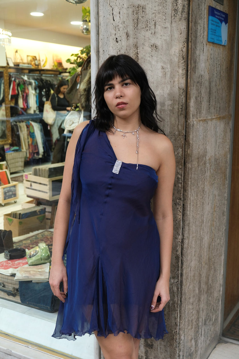 Vintage 90s/00s Navy Asymmetrical Chiffon Mini Dress (S)