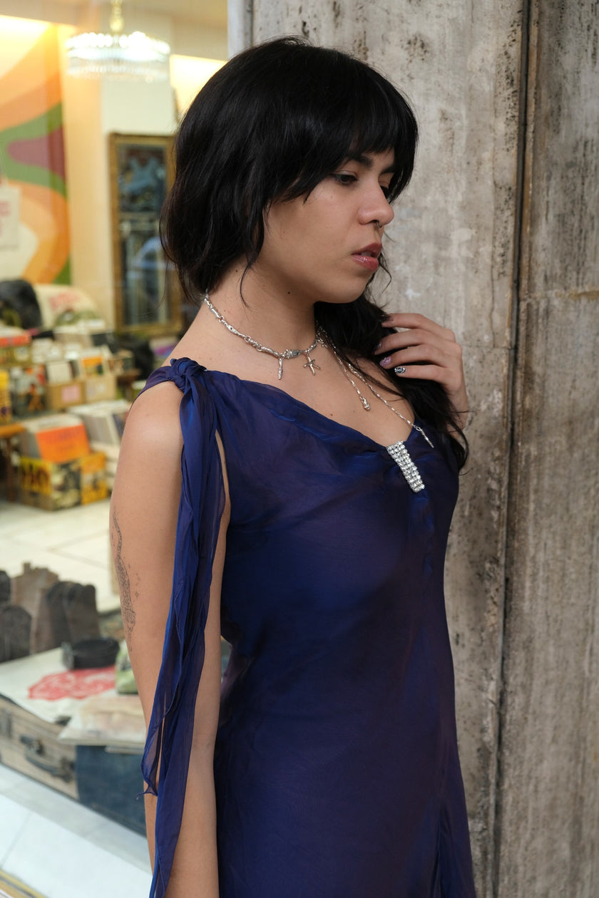 Vintage 90s/00s Navy Asymmetrical Chiffon Mini Dress (S)