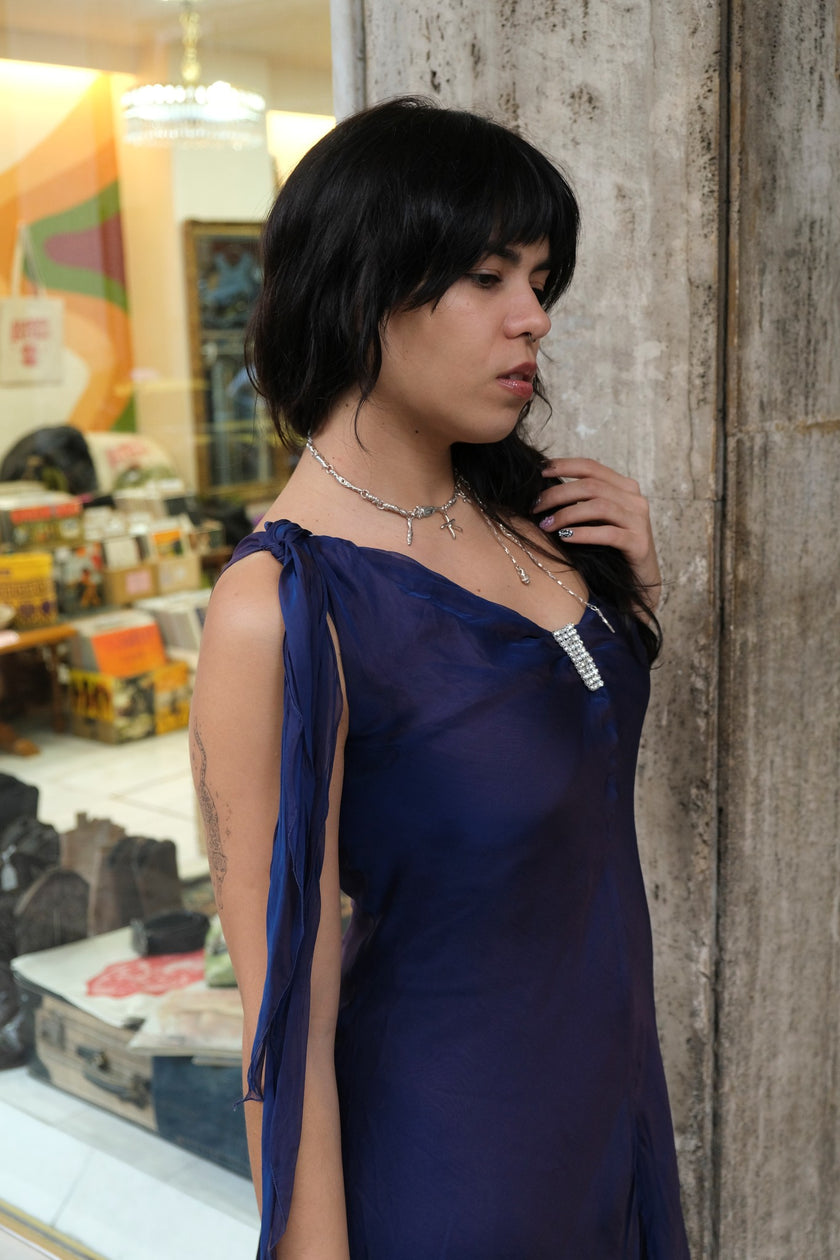 Vintage 90s/00s Navy Asymmetrical Chiffon Mini Dress (S)