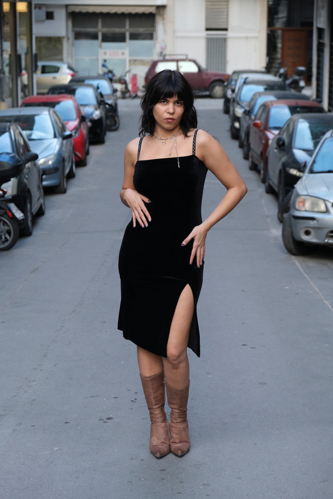 Stunning 90s style Black Velvet Bodycon Dress with High Slit (S)