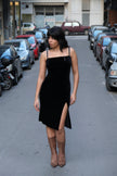 Stunning 90s style Black Velvet Bodycon Dress with High Slit (S)