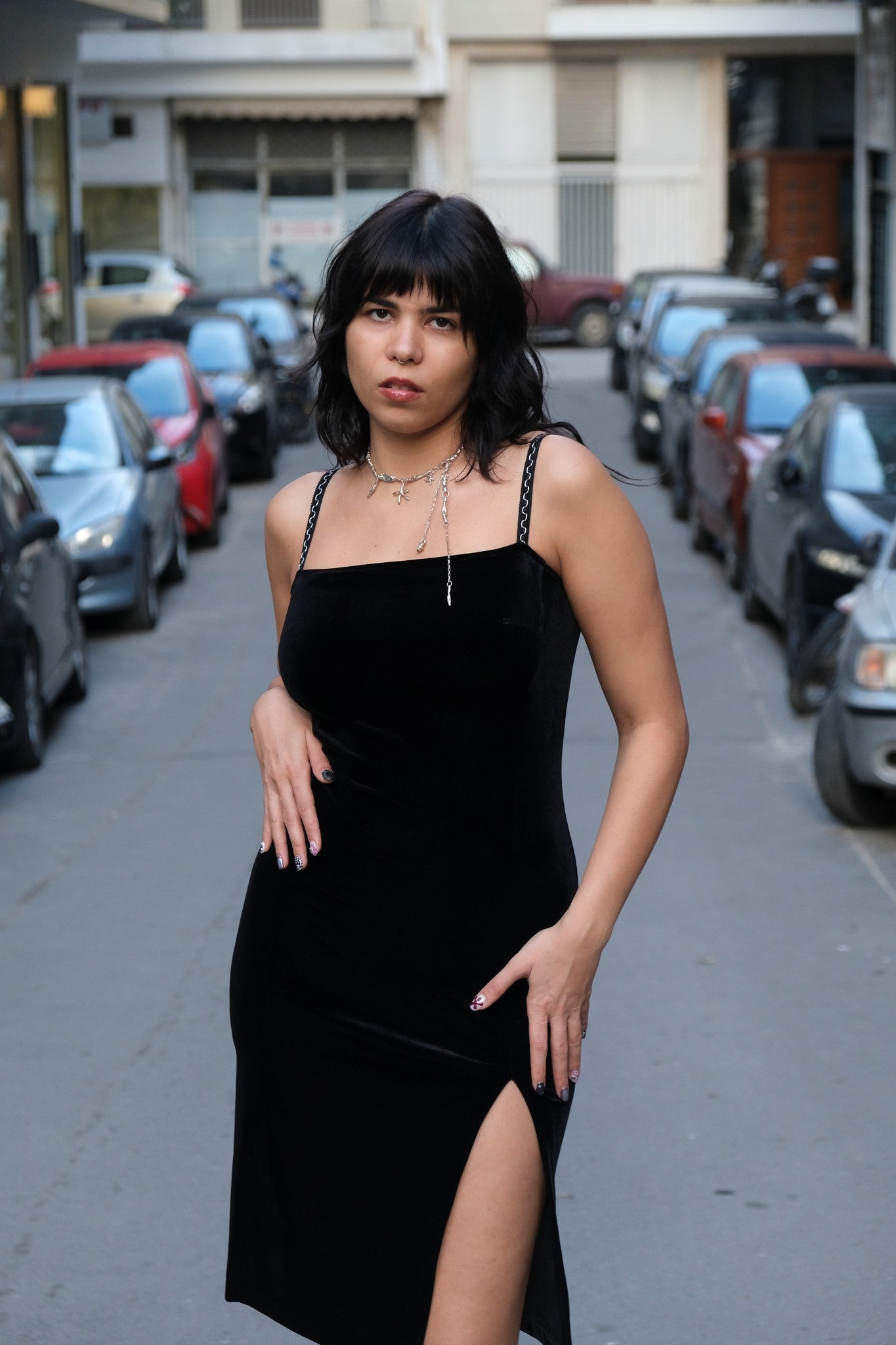 Stunning 90s style Black Velvet Bodycon Dress with High Slit (S)