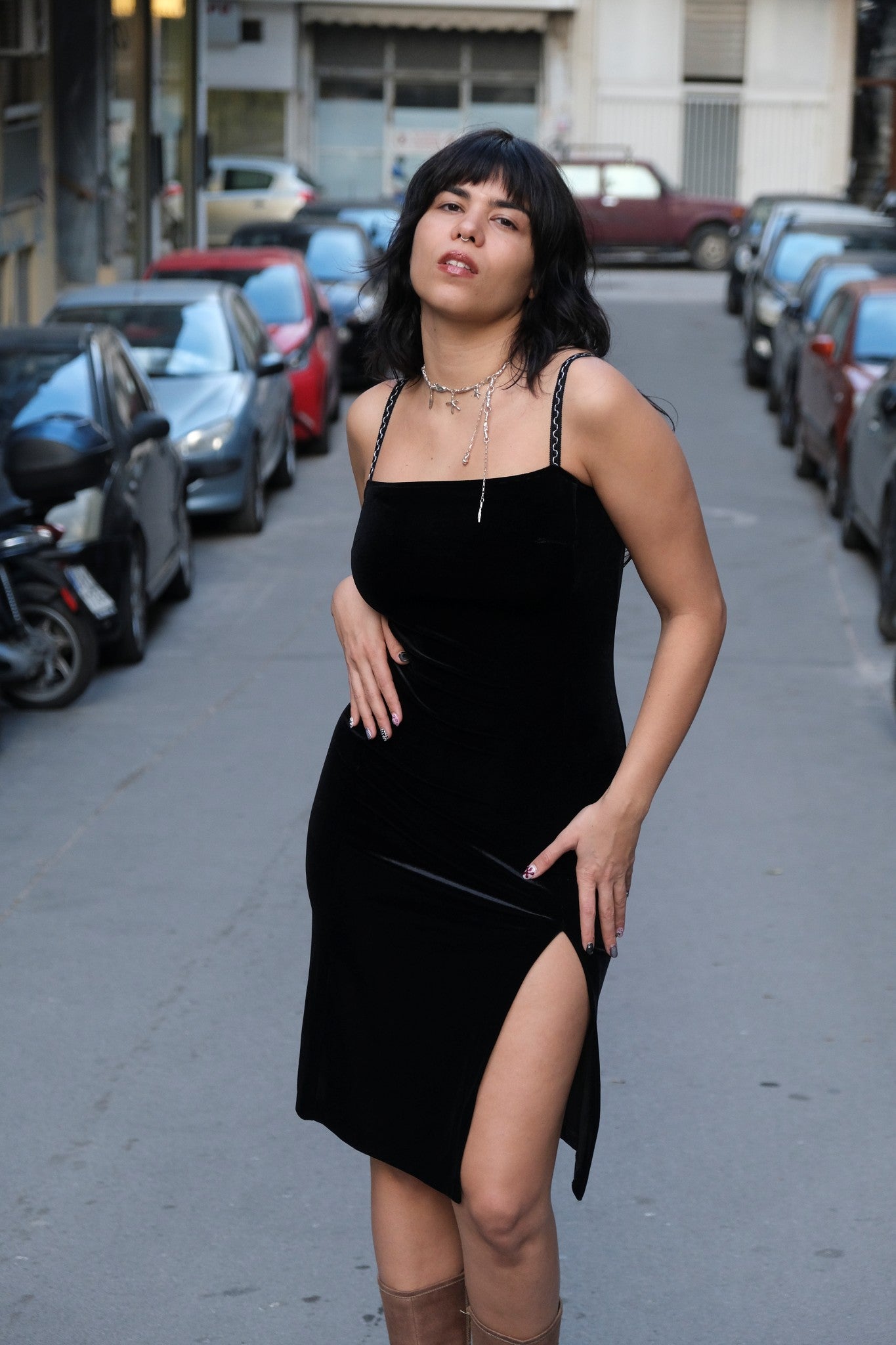 Stunning 90s style Black Velvet Bodycon Dress with High Slit (S)