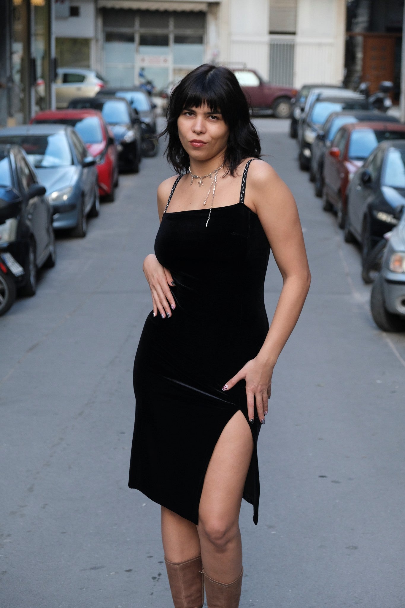 Stunning 90s style Black Velvet Bodycon Dress with High Slit (S)