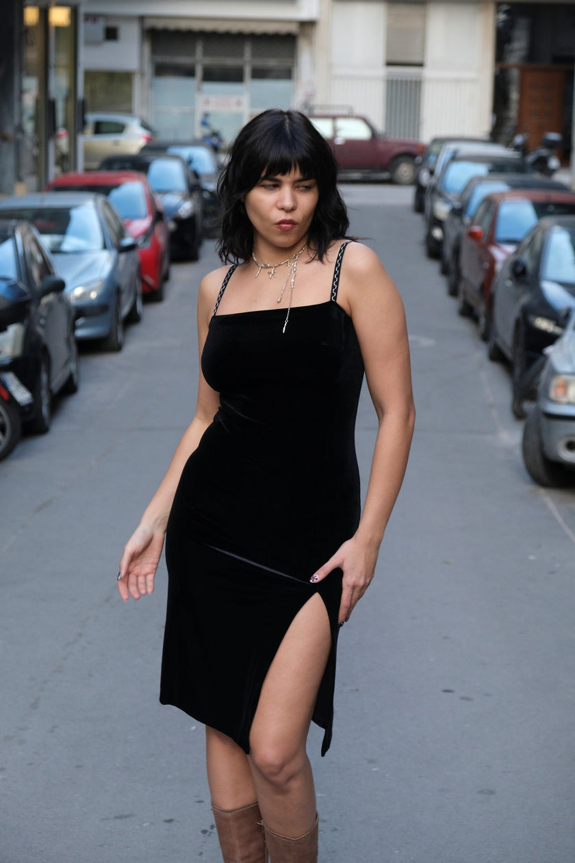 Stunning 90s style Black Velvet Bodycon Dress with High Slit (S)