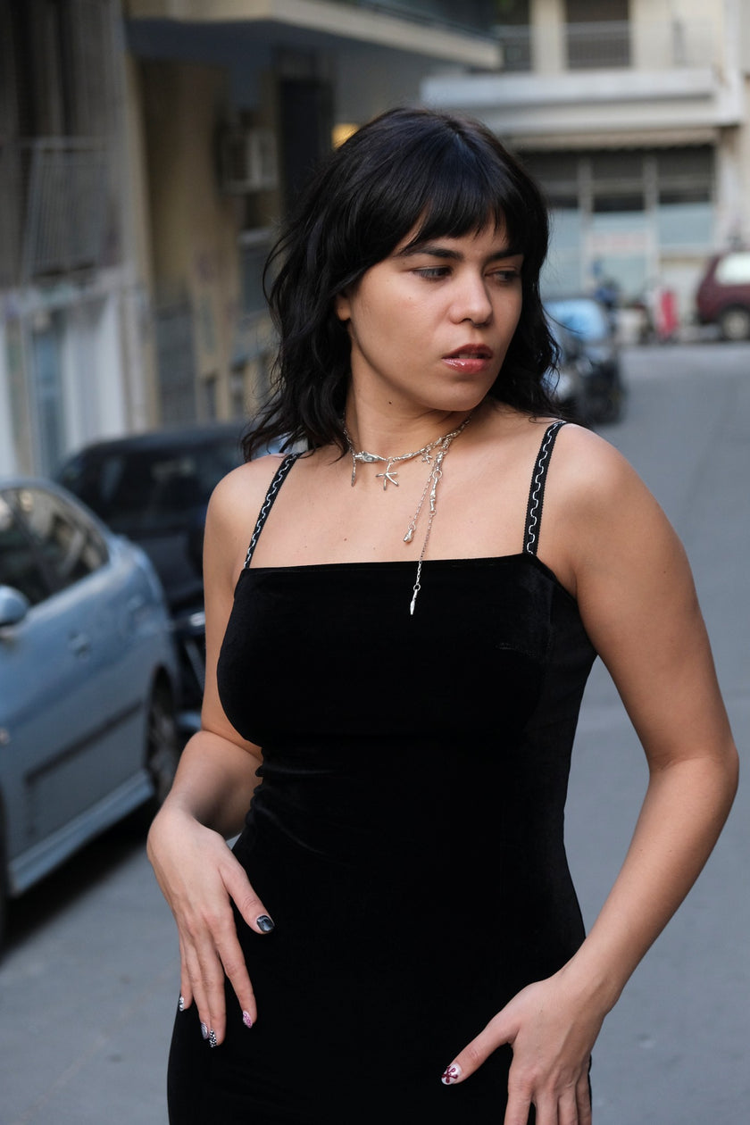 Stunning 90s style Black Velvet Bodycon Dress with High Slit (S)