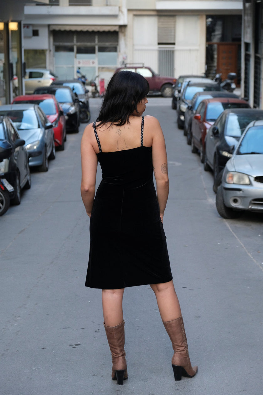 Stunning 90s style Black Velvet Bodycon Dress with High Slit (S)