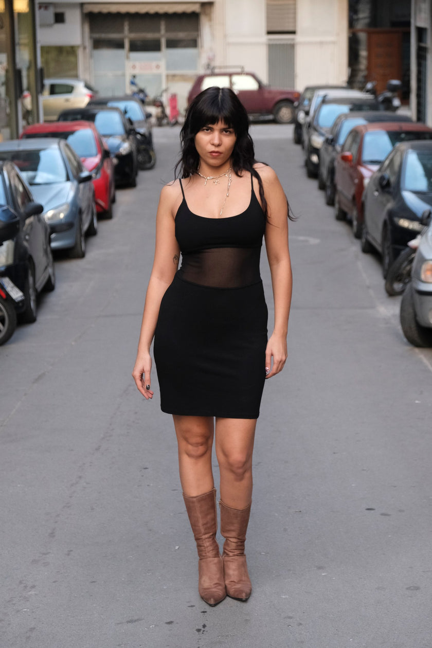 90s Black Sheer Panel Slip Dress (S)