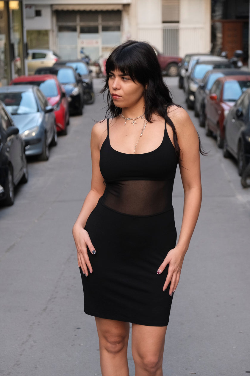 90s Black Sheer Panel Slip Dress (S)