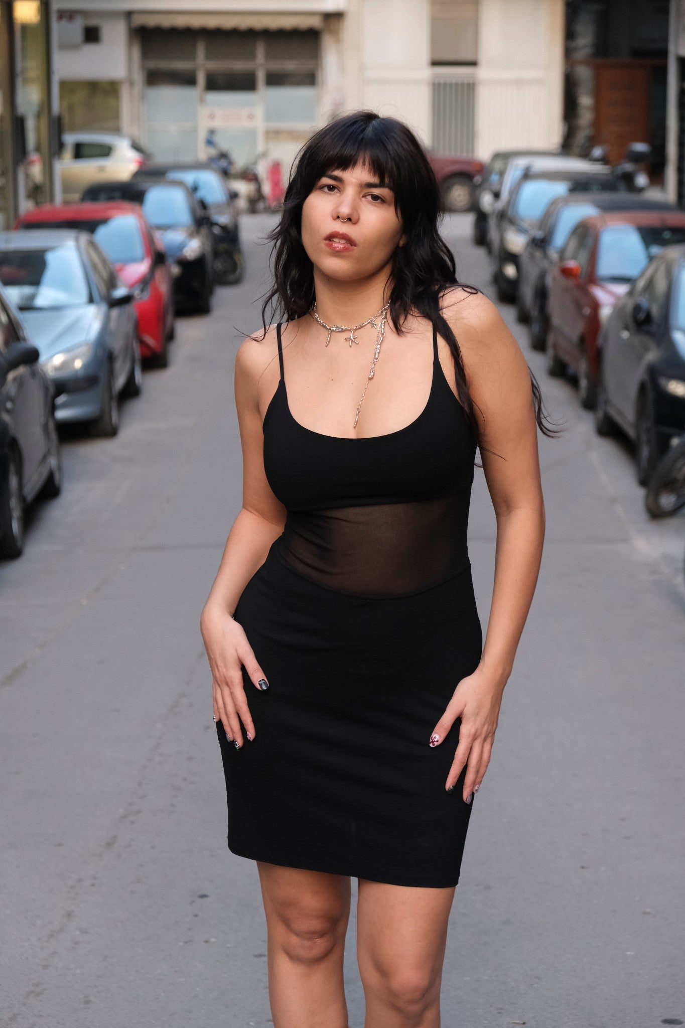 90s Black Sheer Panel Slip Dress (S)