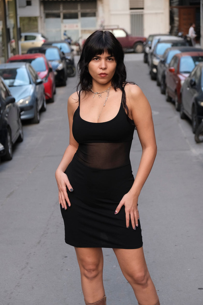 90s Black Sheer Panel Slip Dress (S)