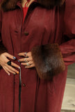 Stunning burgundy Italian vintage genuine leather coat with fur collar
